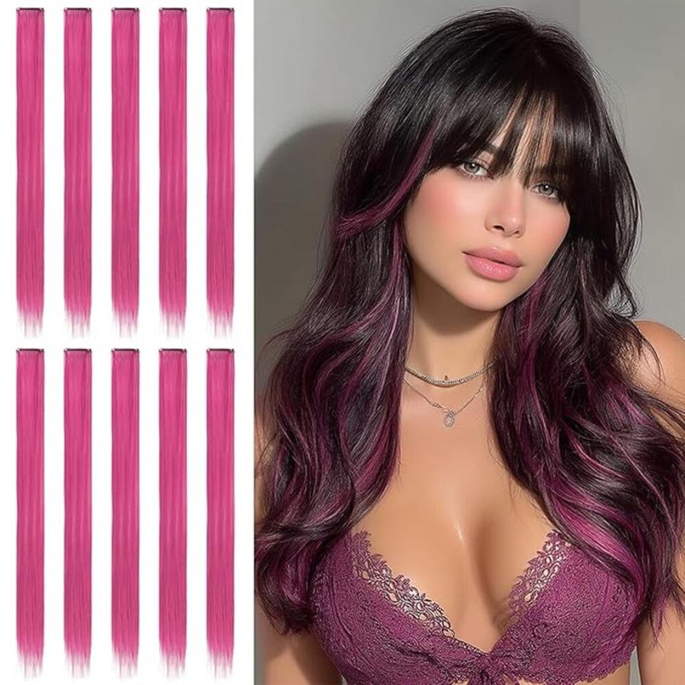 SOFEIYAN 10pc Rose Red Hair Extensions 22" Clip In Synthetic Straight DIY NWT